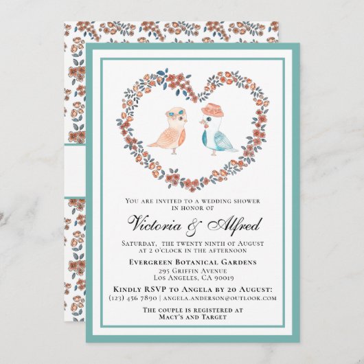 かわいいパステル水彩愛の鳥カップルのカップルのシャワー 招待状 (正面/裏面)