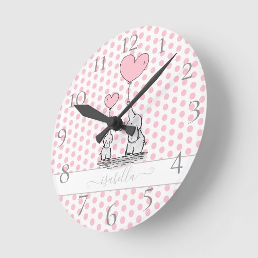 かわいいパステル水玉模様ピンクベビーとマムエレファント ラウンド壁時計 (傾斜)