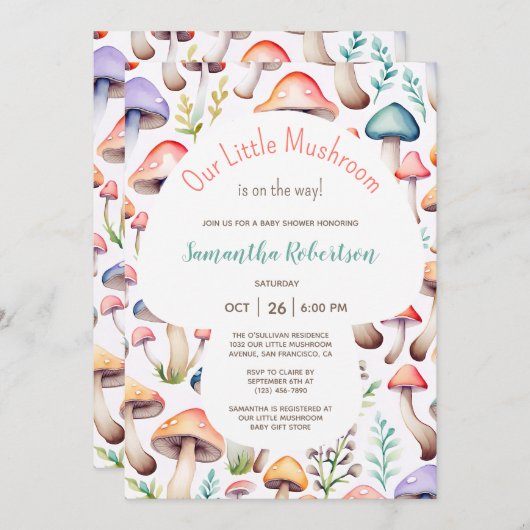 かわいいパステル水色きのこの赤ちゃんシャワー 招待状 (正面/裏面)