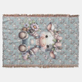 かわいいパステル牛のオーバーオールと花 スローブランケット (正面)