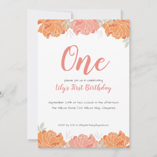 かわいいパステル牡丹ベビーガールの最初の誕生日パーティー 招待状 (正面)