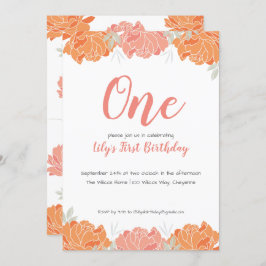 かわいいパステル牡丹ベビーガールの最初の誕生日パーティー 招待状