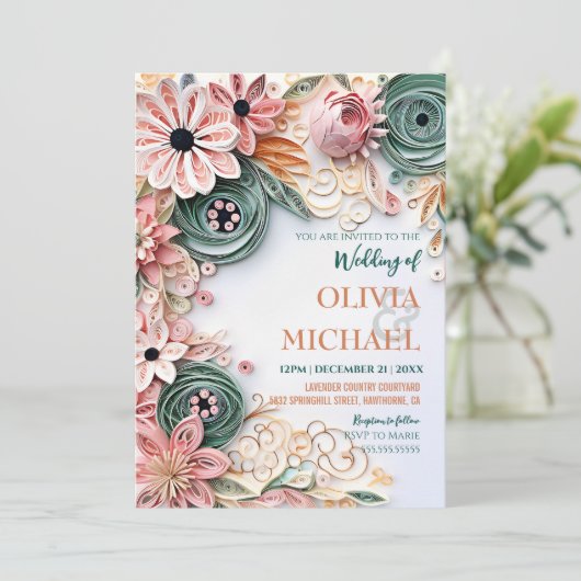 かわいいパステル結婚フローラのフレーム紙クイリング 招待状 (スタンド正面)