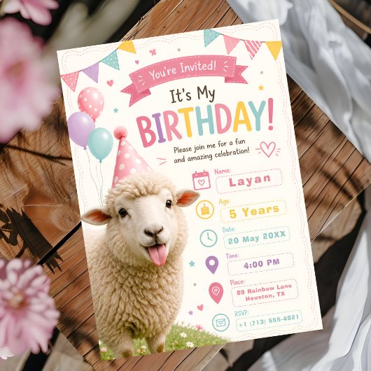 かわいいパステル羊の誕生日 招待状
