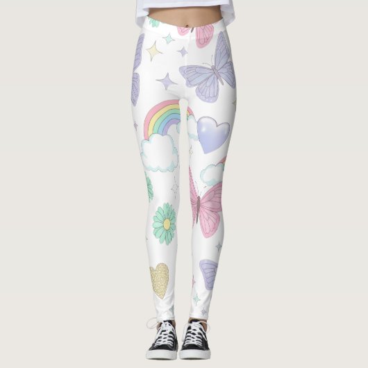 かわいいパステル蝶、花、虹 レギンス (正面)