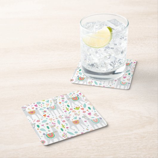 かわいいパステル調のラマパターン スクエアペーパーコースター (インサイチュ)