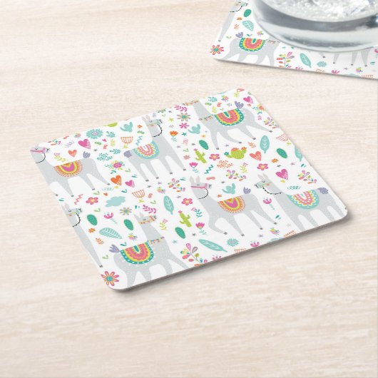 かわいいパステル調のラマパターン スクエアペーパーコースター (アングル)