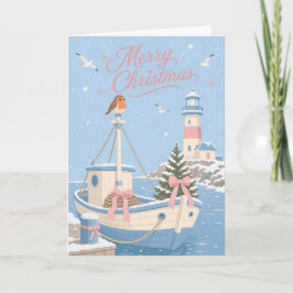 かわいいパステル調の港のクリスマスシーン カード