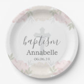 かわいいパステル調ピンクの花のベビーの洗礼 ペーパープレート (正面)