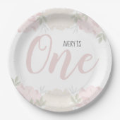 かわいいパステル調ピンクの花のベビーの第1誕生日 ペーパープレート (正面)