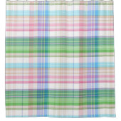 かわいいパステル調ピンクの青緑のタータンチェック格子縞パターン シャワーカーテン (正面)