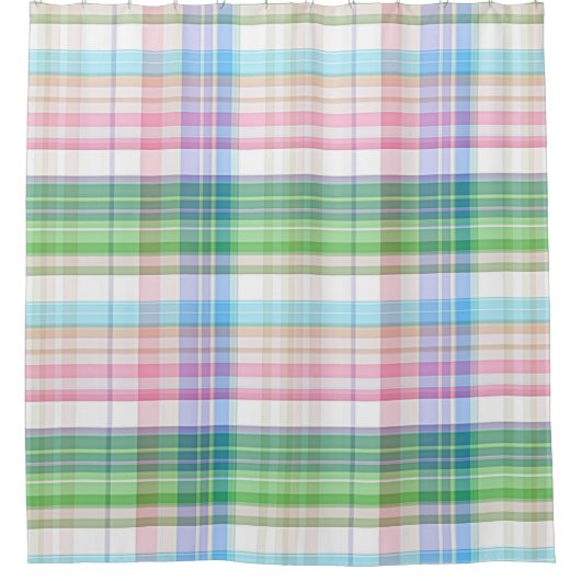 かわいいパステル調ピンクの青緑のタータンチェック格子縞パターン シャワーカーテン (正面)
