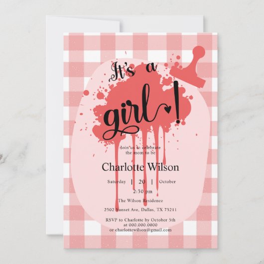 かわいいパステル赤いギンガムベイビーシャワー 招待状 (正面)