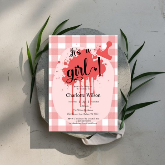 かわいいパステル赤いギンガムベイビーシャワー 招待状
