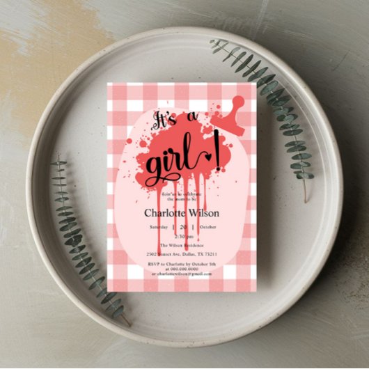 かわいいパステル赤いギンガムベイビーシャワー 招待状