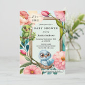 かわいいパステル鳥の水の色の花ベビーシャワー 招待状 (スタンド正面)