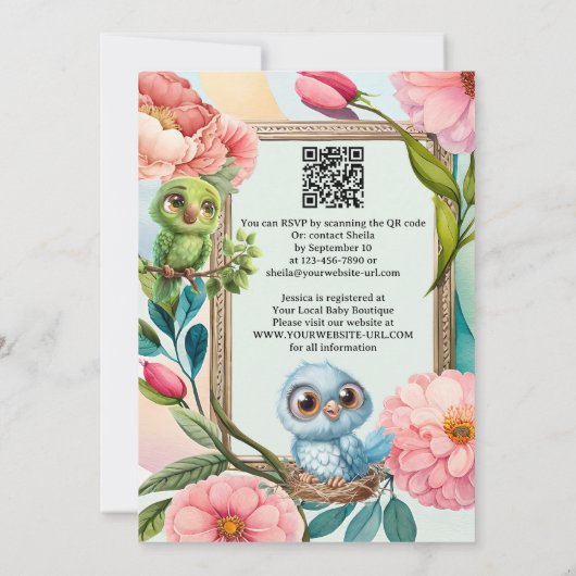 かわいいパステル鳥の水の色の花ベビーシャワー 招待状 (裏面)