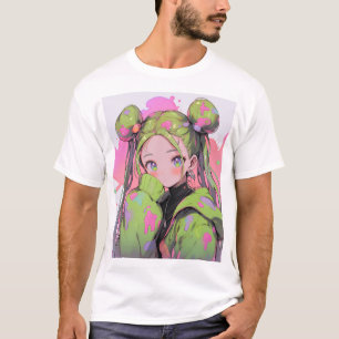 かわいいパステル(ばちゃばちゃ)跳ねるアニメガール Tシャツ
