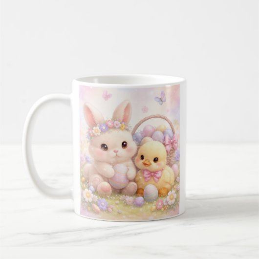 かわいいパステル イースター うさぎ & アヒル コーヒーマグカップ (左)