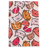 かわいいパステル、ホットピンク&オレンジの手描き猫顔 ミディアムペーパーバッグ (正面)