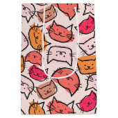 かわいいパステル、ホットピンク&オレンジの手描き猫顔 ミディアムペーパーバッグ (裏面)