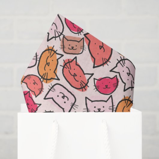 かわいいパステル、ホットピンク&オレンジの手描き猫顔 薄葉紙 (ギフトバッグ)