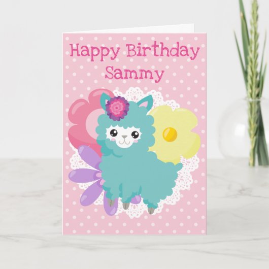 かわいいパステル ラマ 花の子供の誕生日 カード (正面)