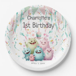 かわいいパステル リトルモンスターズ 女の子の1歳の誕生日 ペーパープレート