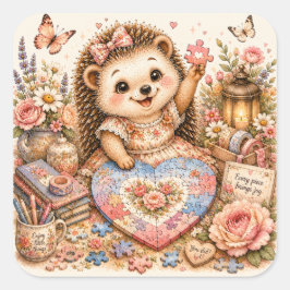 かわいいパズルハリネズミの水彩画 スクエアシール