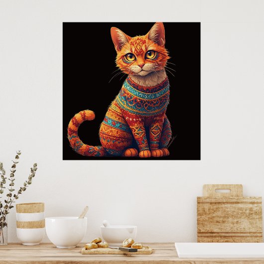 かわいいパターンの猫のイラスト・フォークアートスタイル ポスター (キッチン)
