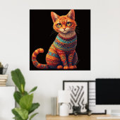 かわいいパターンの猫のイラスト・フォークアートスタイル ポスター (ホームオフィス)
