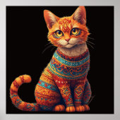 かわいいパターンの猫のイラスト・フォークアートスタイル ポスター (正面)