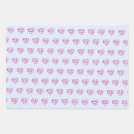 かわいいパターンピンク色の花ハート水色 ラッピングペーパーシート