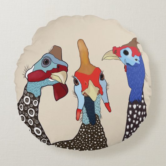 かわいいパターン(の模様が)あるギニア鳥たち3羽 ラウンドクッション (正面)