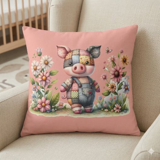 かわいいパッチワークの子豚ちゃんが花園にいる クッション