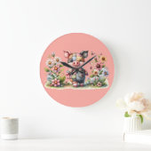 かわいいパッチワークの子豚ちゃんが花園にいる ラージ壁時計 (ホーム)