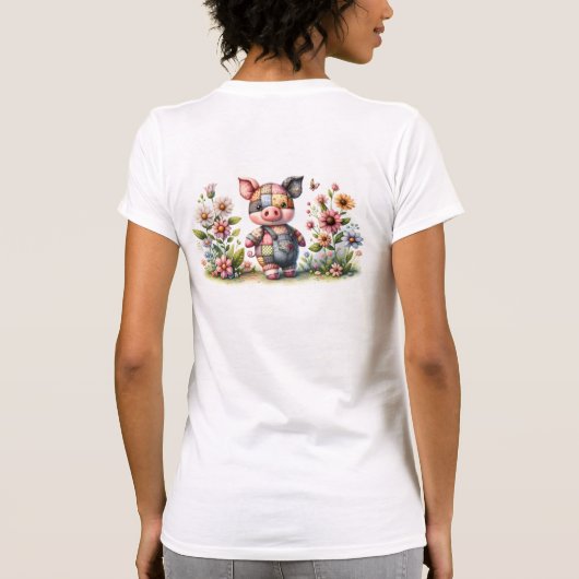 かわいいパッチワークの子豚ちゃんが花園にいる Tシャツ (裏面)