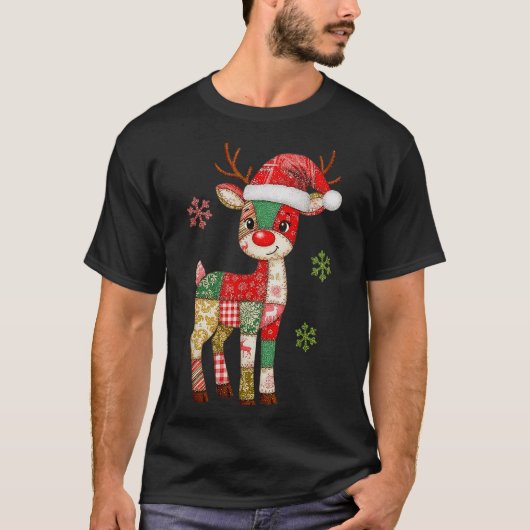 かわいいパッチワークトナカイ クリスマス Xmas メンズ レディース キッズ Tシャツ (正面)