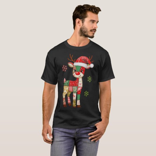 かわいいパッチワークトナカイ クリスマス Xmas メンズ レディース キッズ Tシャツ (正面フル)