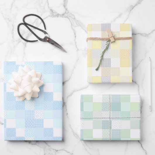 かわいいパッチワークパステルレモン、ブルーとグリーン ラッピングペーパーシート (正面)