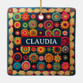 かわいいパッチワークフローラキルトクリスマス セラミックオーナメント (裏面)