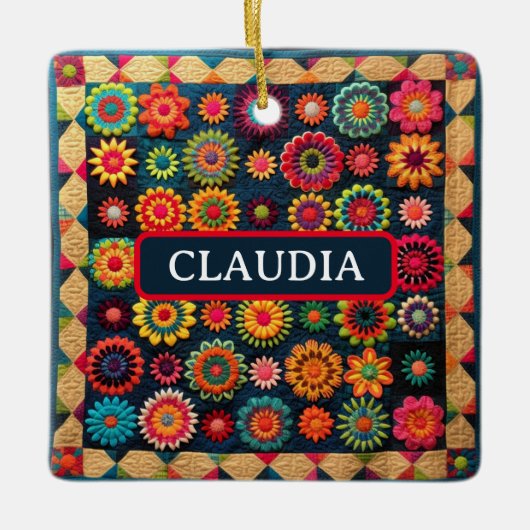 かわいいパッチワークフローラキルトクリスマス セラミックオーナメント (正面)