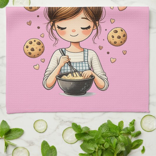 かわいいパティシエの少女　もう１つだけコookieを キッチンタオル (折り畳み)