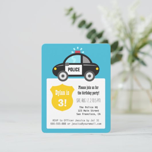 かわいいパトカーの子供の誕生日のパーティー 招待状 (スタンド正面)