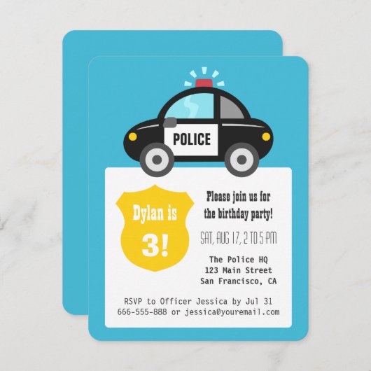 かわいいパトカーの子供の誕生日のパーティー 招待状 (正面/裏面)
