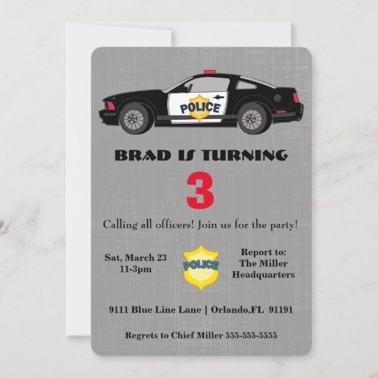 かわいいパトカーの誕生日の招待状 招待状 (正面)