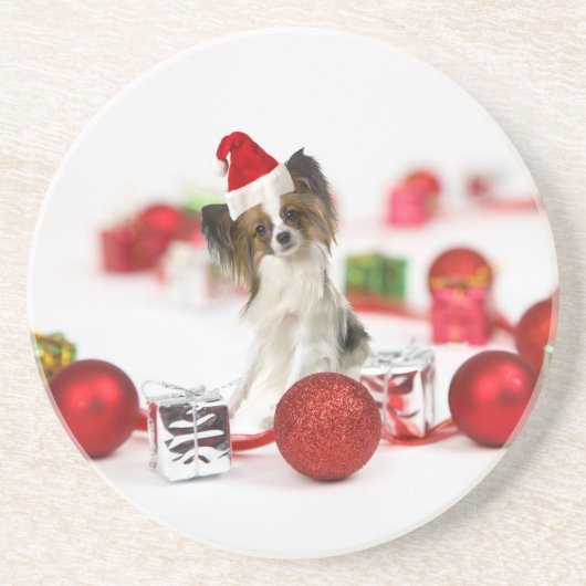 かわいいパピヨン犬のクリスマスサンタ帽子 コースター (正面)