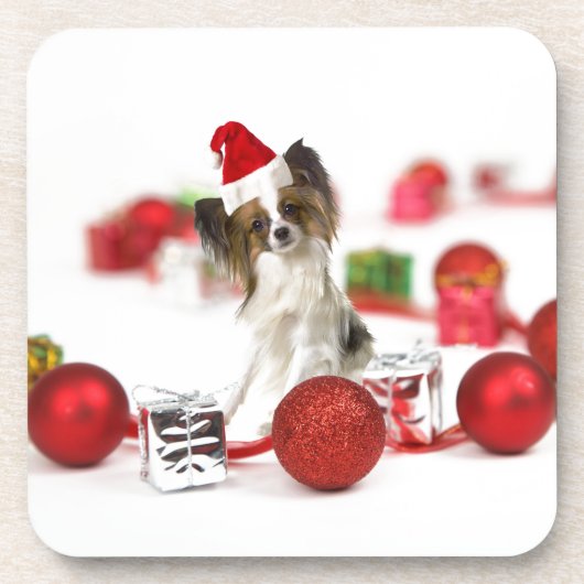 かわいいパピヨン犬のクリスマスサンタ帽子 コースター (正面)