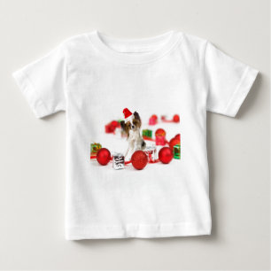 かわいいパピヨン犬のクリスマスサンタ帽子 ベビーTシャツ