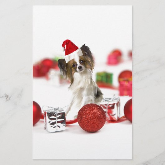 かわいいパピヨン犬のクリスマスサンタ帽子 便箋 (正面)
